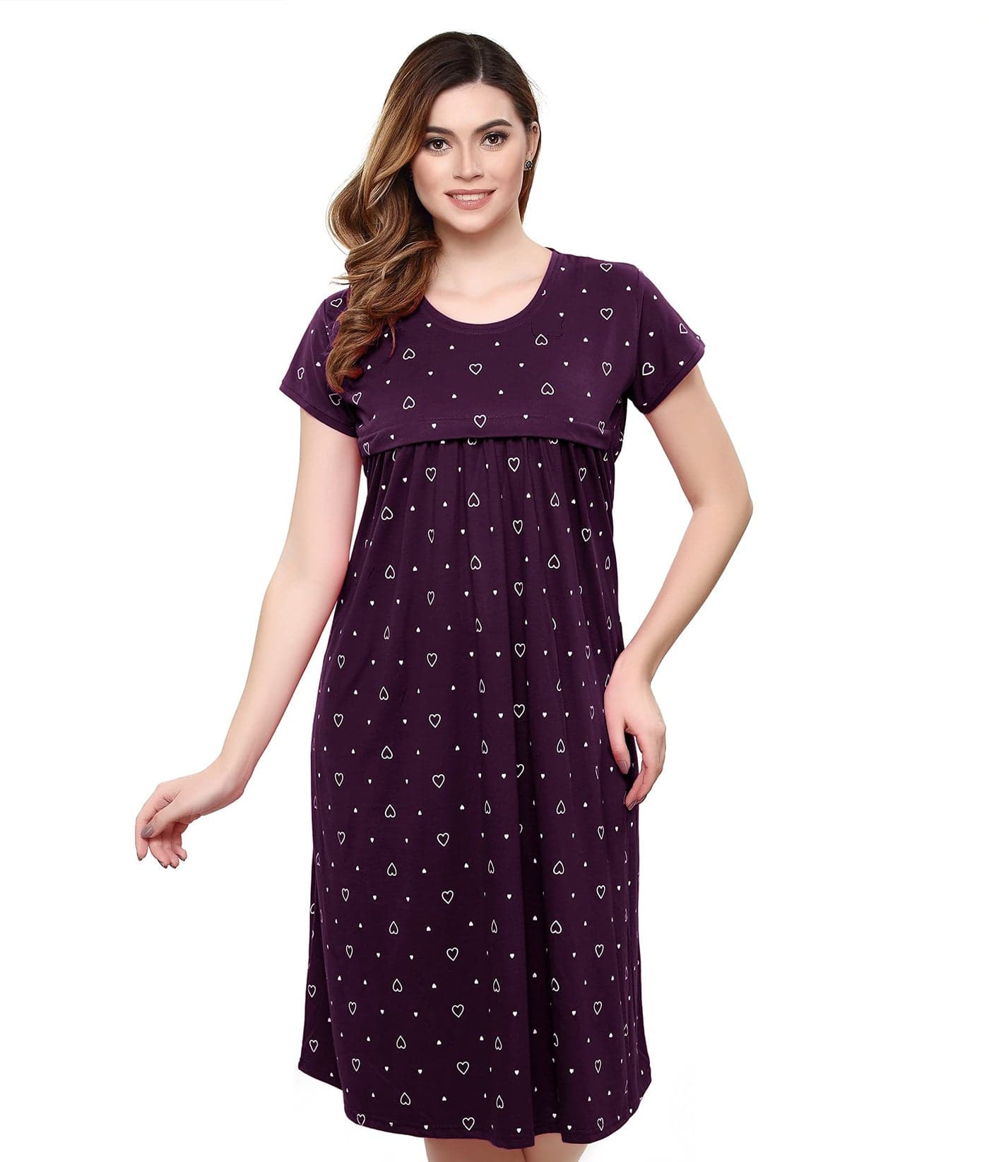 TIGYWIGY Women's Cotton Printed Knee Length Maternity/Feeding/Nursing Nighty (XX-Large, Wine3)