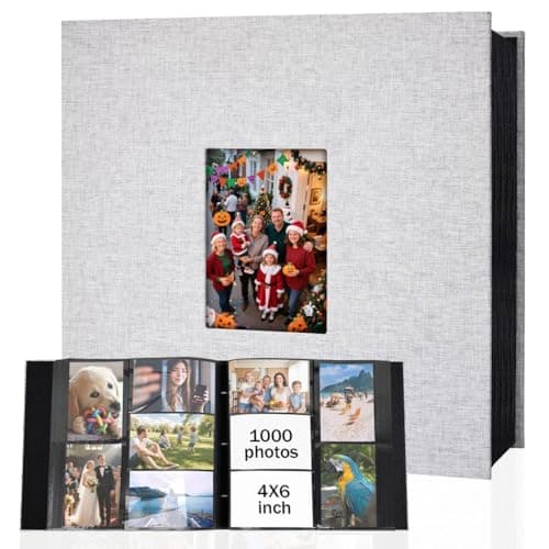 Extra Large Capacity Photo Album 4x6 1000 Pockets, Linen Cover and Front Window, Holds 1000 4x6 Horizontal and Vertical Photos, 4 x 6 Picture Book for Family Wedding Anniversary Vacation, Grey