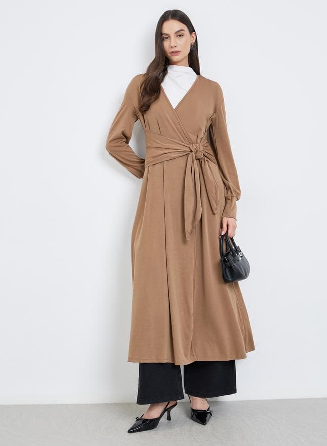 Take Two Khaki Waist Tie Wrap Midi Dress