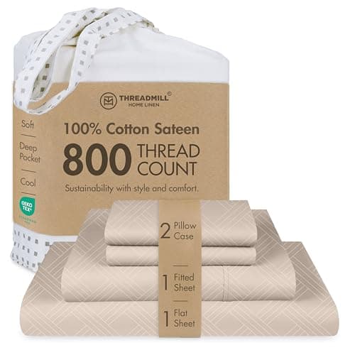 Threadmill King Size Sheets for King Mattress | 800 Thread Count Jacquard Celine Light Beige | Better Than Egyptian Cotton | 4 Pc Bed Sheets | Damask Sheet Fits 16'' Deep Pocket | 100% Cotton Sheets