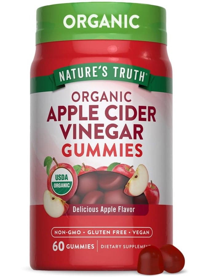 Organic Apple Cider Vinegar Gummies | 60 Count | Vegan, Gluten Free & Non-GMO Supplement | USDA Organic | Apple Flavor