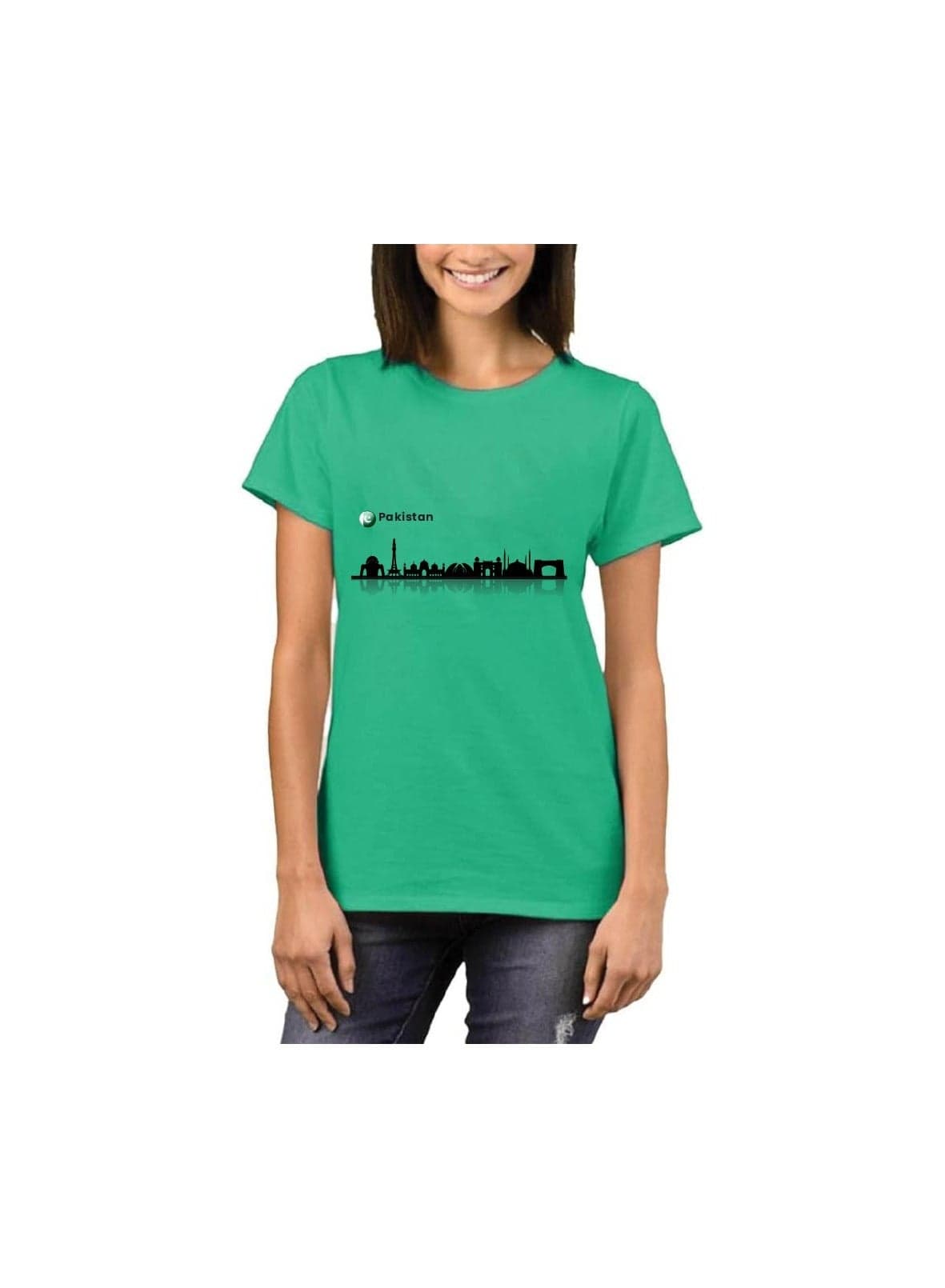 Pakistan Women's T-Shirt|Green Cotton Tee With Skyline&Flag|Round Neck Short Sleeve|Ideal For Independence Day And School Events — M