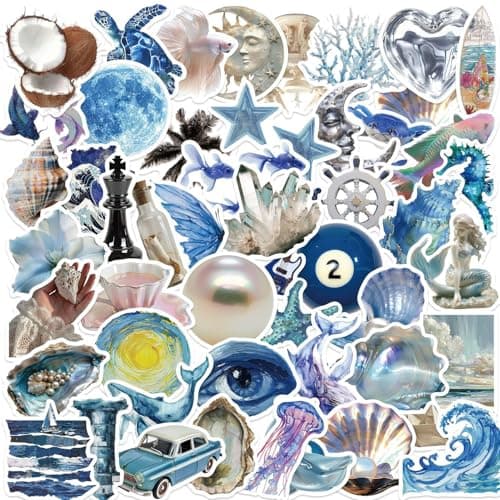 Yoksas 50 Pcs Cute Silver Blue Ocean Beach Stickers - Waterproof Coastal Marine Life Aesthetic Artistic Sea Decals for Water Bottles,Laptop,Scrapbooking