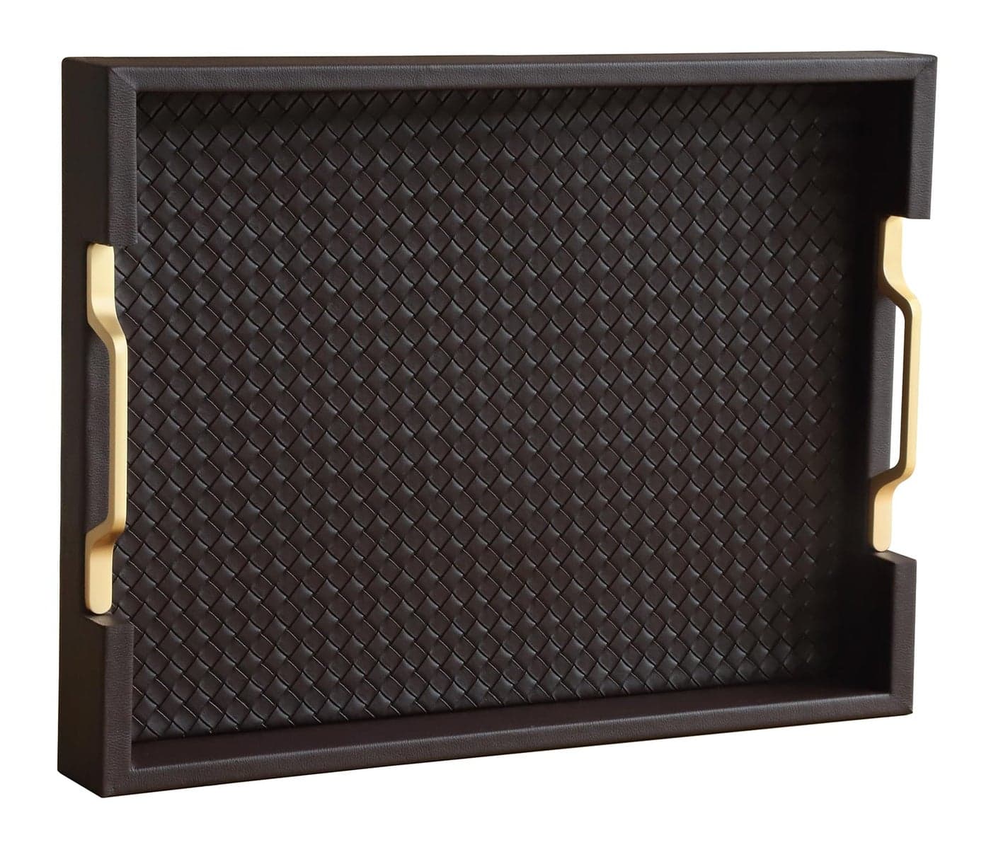 HofferRuffer Faux Leather Rectangle Serving Tray Decor Platter with Gold Metal Handles for Coffee Table, Breakfast, Tea, Food, Countertop, Kitchen, Butler Tray, 16.2 x 12.2 x 2 inches (Coffee)