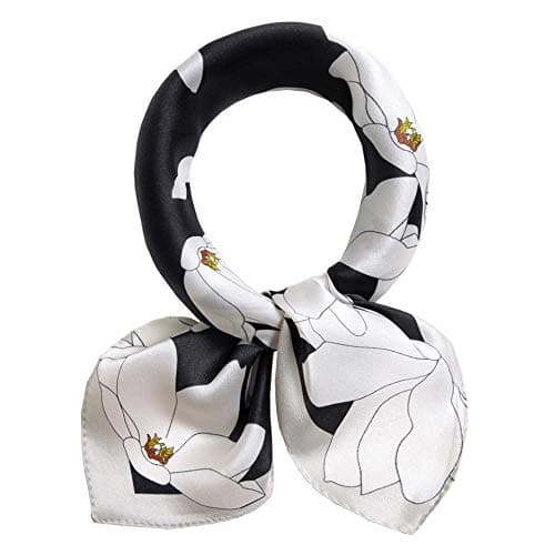 MEISEE Pure Mulberry Silk Scarfs Women Small Square Scarf 21" x 21" Breathable Lightweight Neckerchief Printed Headscarf (D-20 Black and White-2)