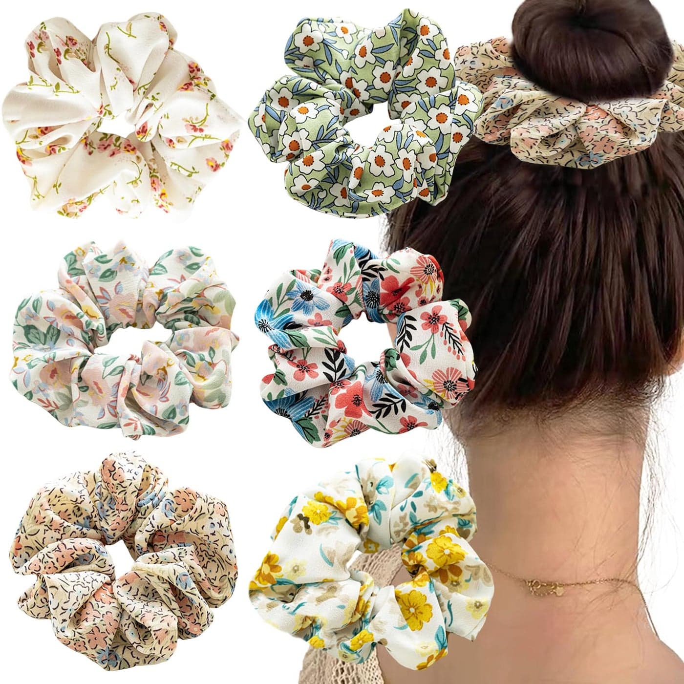 6 PACK Hair Scrunchies Hair Elastics Bands Floral Hair Scrunchie Elastic Rubber Bands Chiffon Hair Scrunchies for Thick Curly Hair Flower Hair Ties Hair for Women Girls