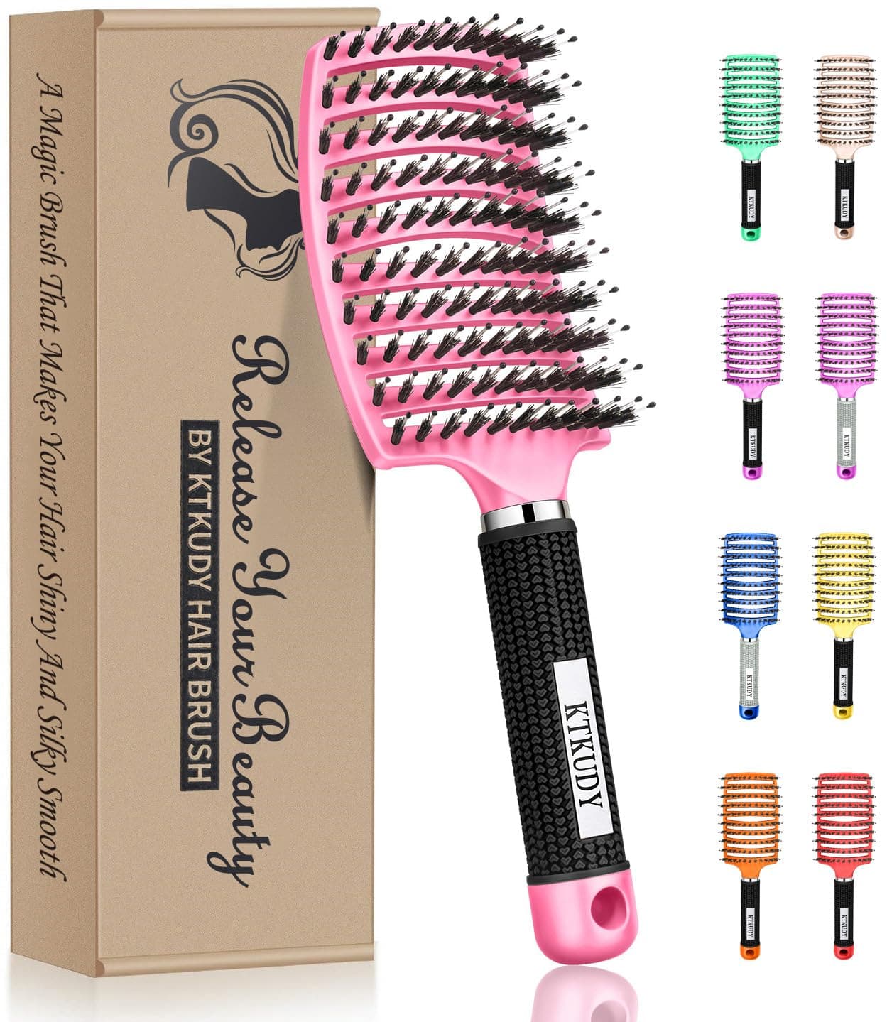 KTKUDY Detangling Brush Boar Bristles Hair Brush Make Hair Shiny Healthier Curved and Vented Detangler Brush for Women Men Kids Wet Dry Hair Pink