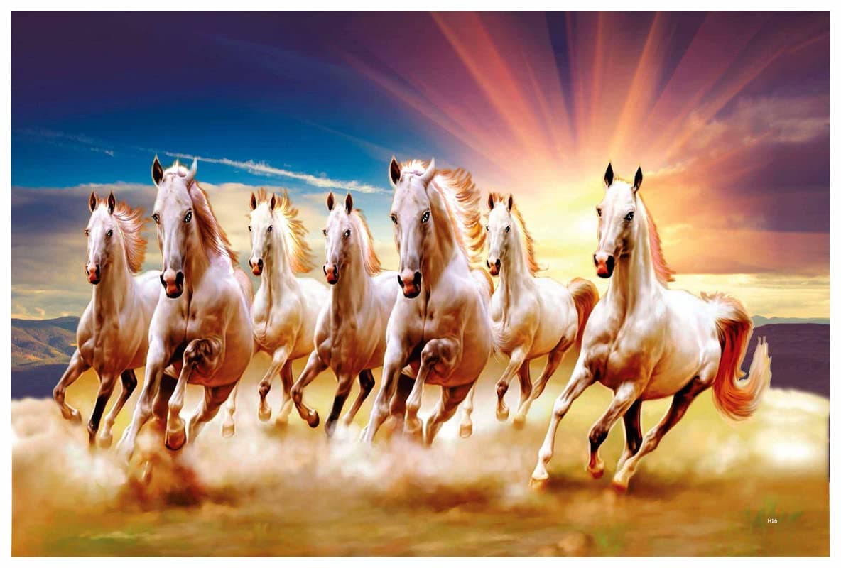 SAF paintings 7 Running Horses Vastu UV Textured Wall Painting for Home Decoration, Office, Gym, College Wall decoration Painting 12 Inch x 18 Inch MDF1457