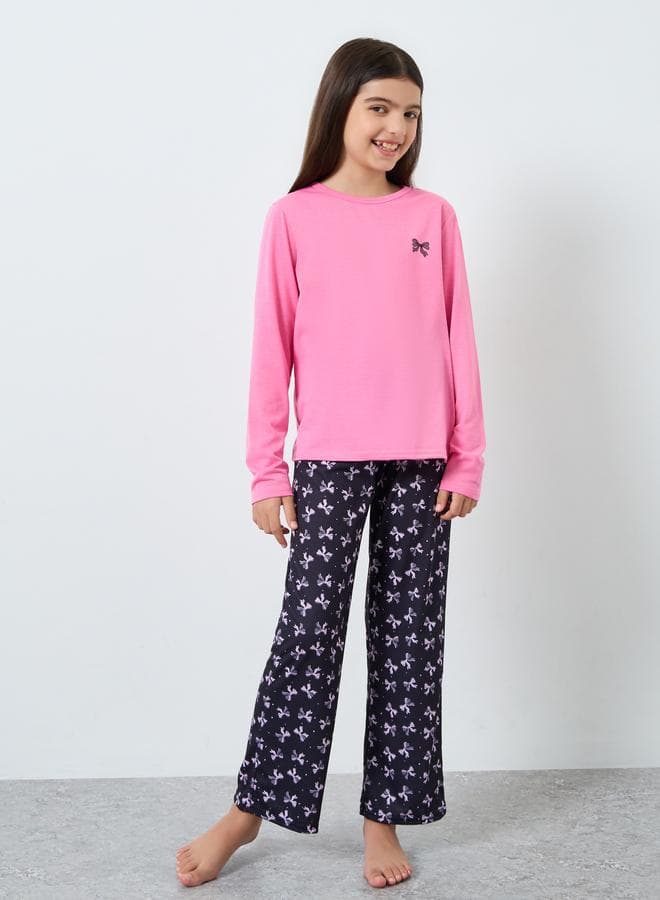 Bow Printed Long Sleeve T-Shirt And Pyjama Set