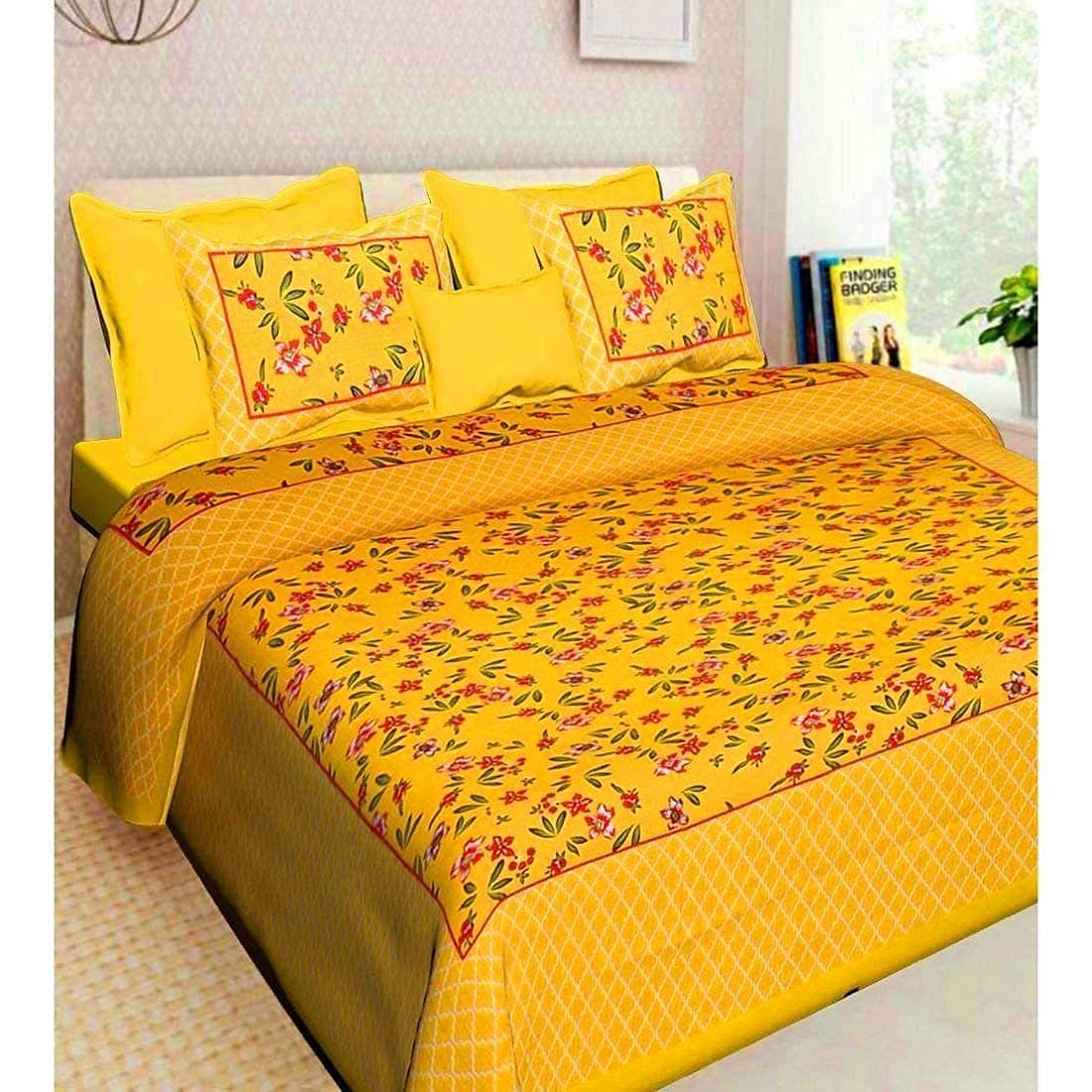 Ealth Kart Premium 100 Cotton Rajasthani Jaipuri Traditional King Size Double Bedsheet with 2 Pillow Covers Yellow