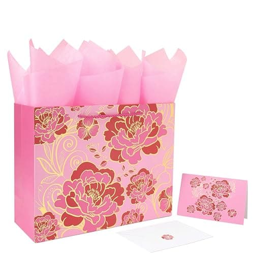13 Large Rose Pink Gift Bag Set with Greeting Card and Tissue PaperFoil Traced Flowers for Celebrating Birthdays Mothers Day Valentines Day Weddings Anniversaries 13x52x1021 Pcs