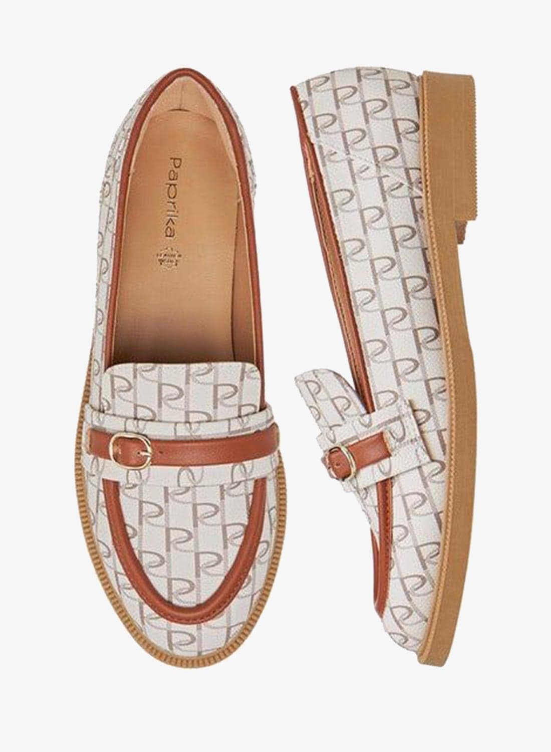 Women Monogram Print Slip-On Loafers with Buckle Accent
