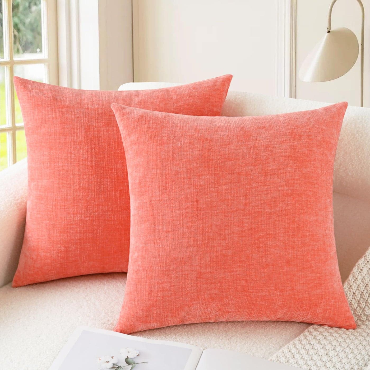 CaliTime Throw Pillow Covers Decorative 16 X 16 Inches Pack of 2 Cozy Chenille Cushion Cases for Couch Sofa Bed Living Room Home Living Coral