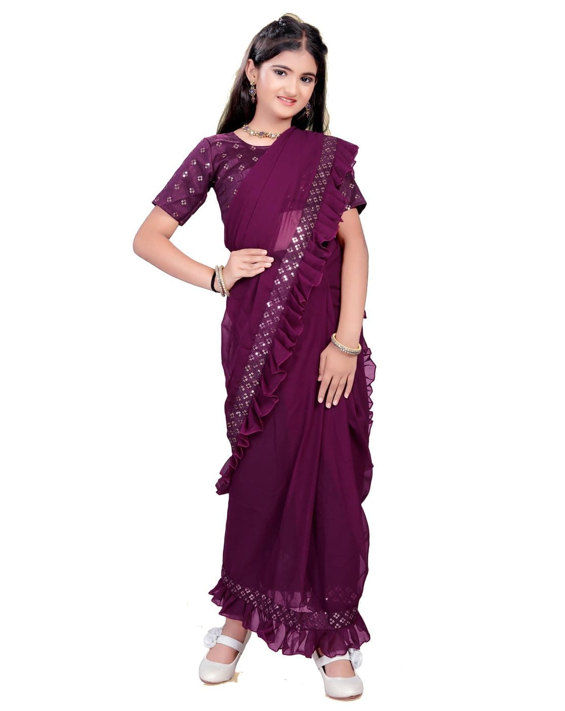 Xavima Kids Ethnic Wine Saree for Girls with Unstitched Blouse | Floral Embroidered Ready to Wear Saree | Lightweight Traditional Dress for Festive (Wine 7-8 Years)