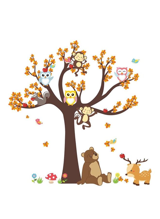 Self-Adhesive Eco-Friendly Unique Forest Animal Monkey Owls Tree Wall Sticker Multicolour 90x1x30cm