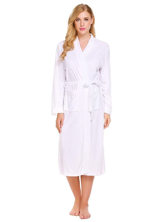 Robe Long Sleeve Spa Midi Kimono Bathrobe With Pocket White