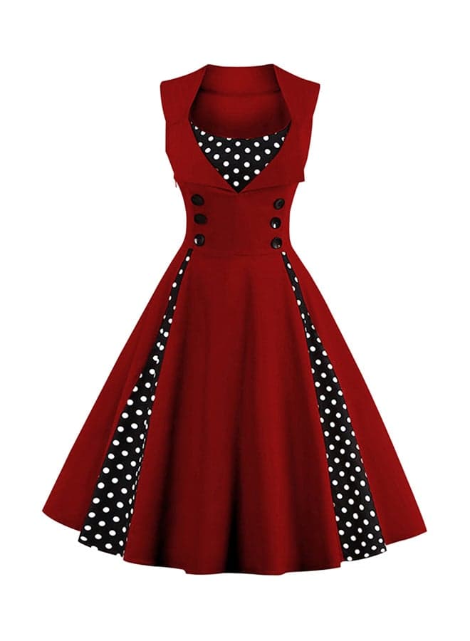 Azulina Vintage Polka Dot A-Line Midi Dress Wine/Black/White