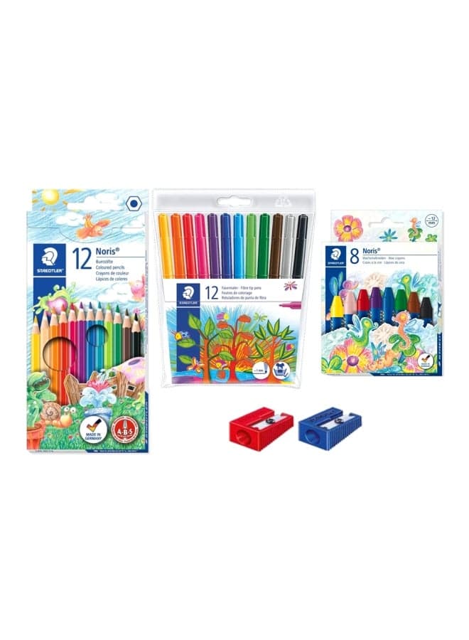 Noris Color Pencil With Fibre Tip Pen, Crayons And Sharpener Set Blue/Yellow/Green