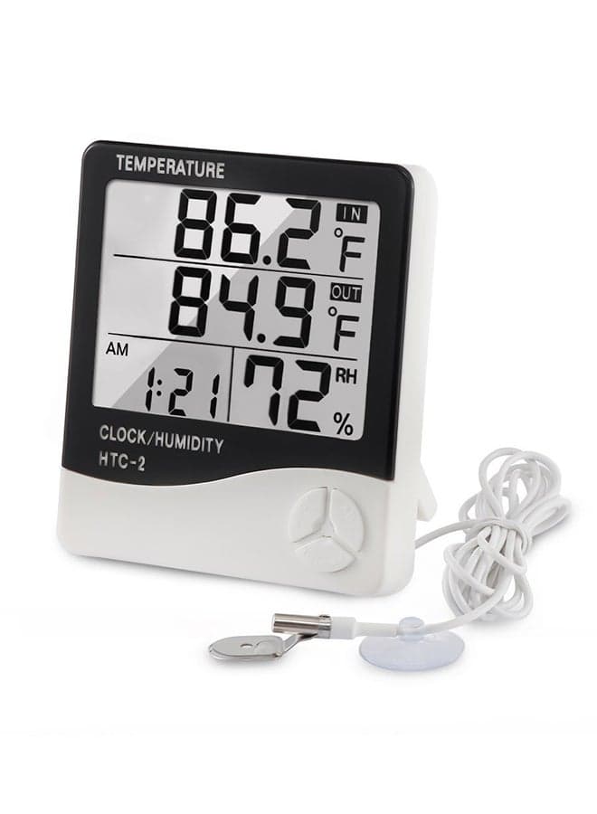 HTC-2 Digital Display Hygrometer And Thermometer With Clock Black/White 10 × 10 × 2cm