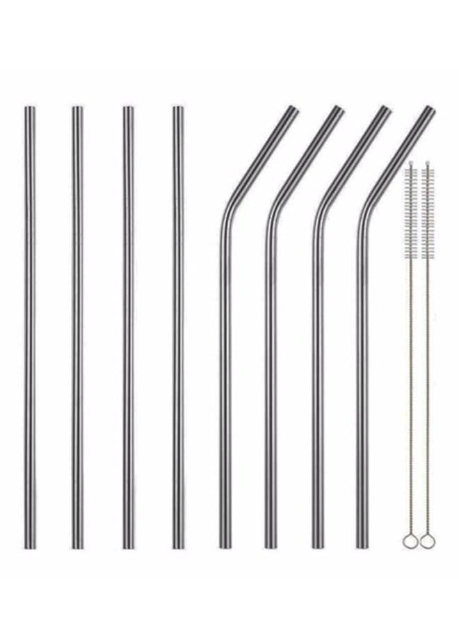 10-Piece Stainless Steel Extra Long Drinking Straw Set Silver 10.5inch