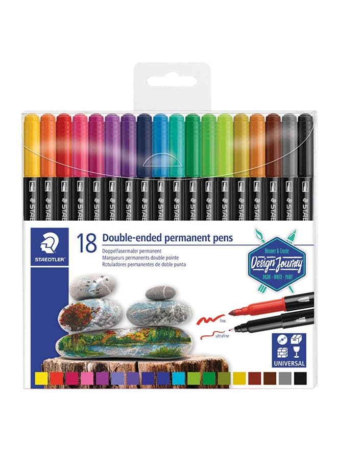 Double-End Permanent Fiber Tip Pen Set, Pack Of 18 Multicolour