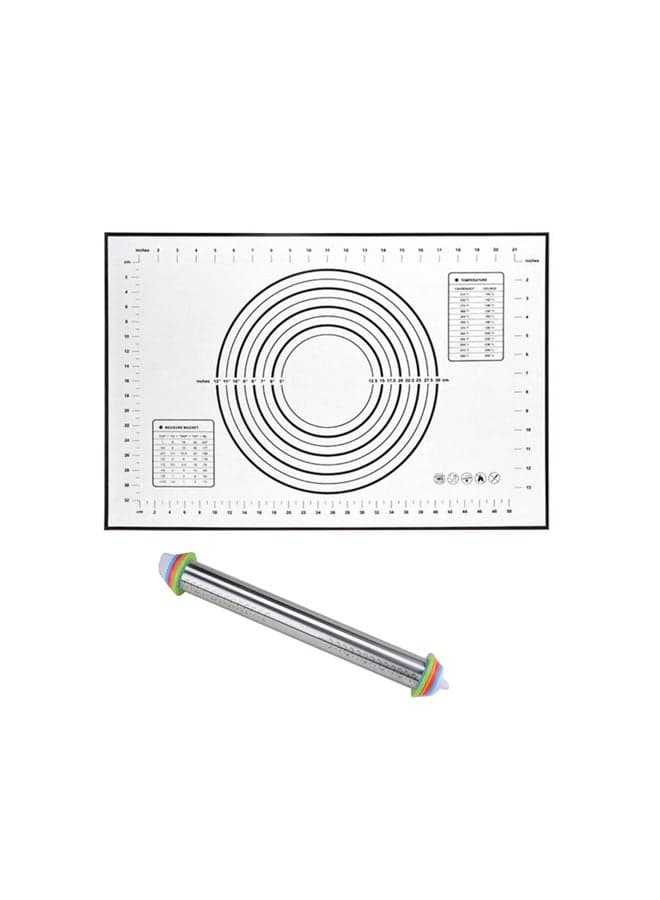 Rolling Pin With Silicone Pastry Mat White/Silver Rolling Pin 1.77x13.77x1.77, Pastry Mat 23.62x15.74inch