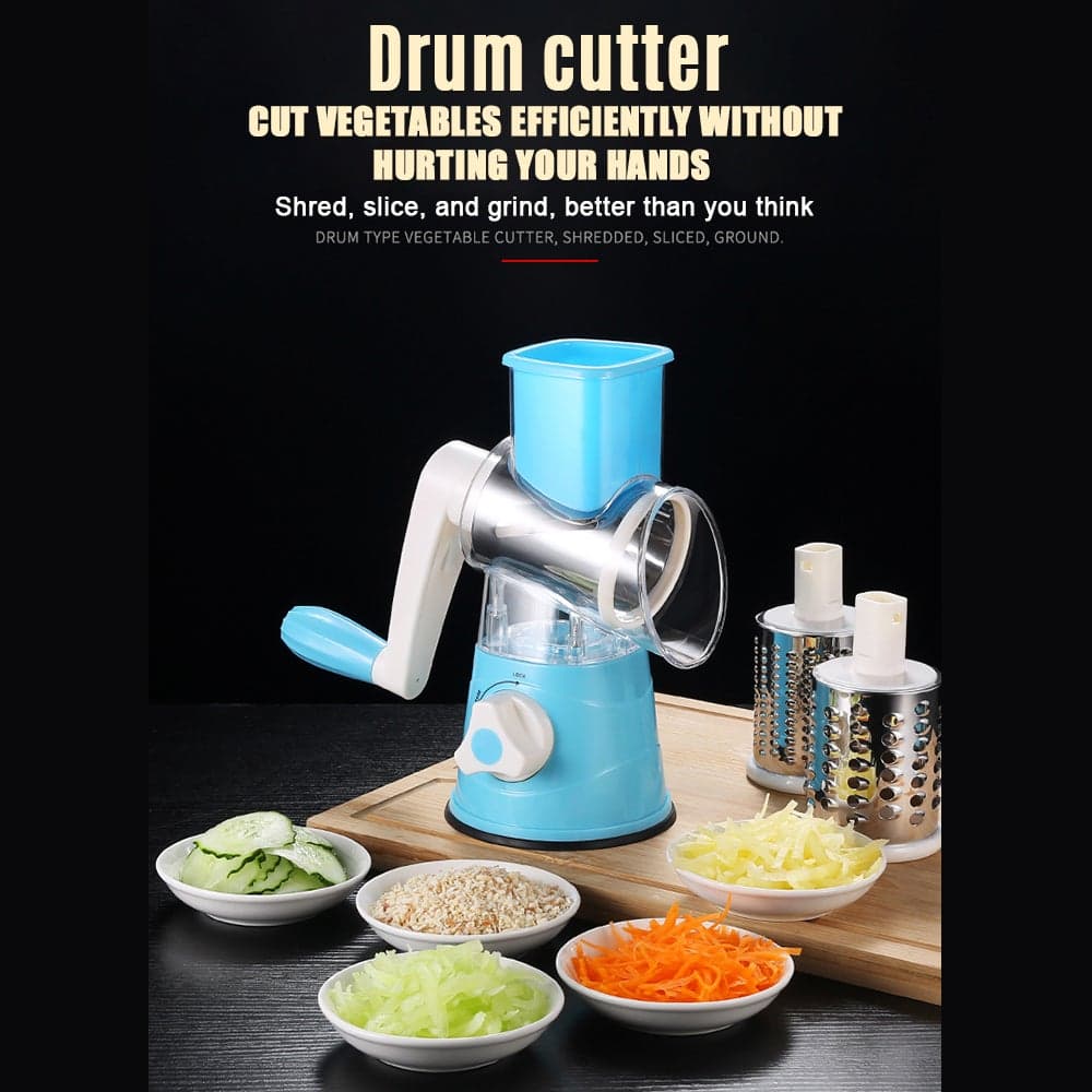 Multifunctional 3 Interchangeable Blades Easy Clean Vegetable Rotary Cheese Grater Sky blue 24*12*19cm
