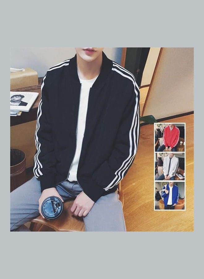 Jacket Spring Autumn Stand Collar Zipper Pocket Stripe Sleeve Causal Outwear Coat Black