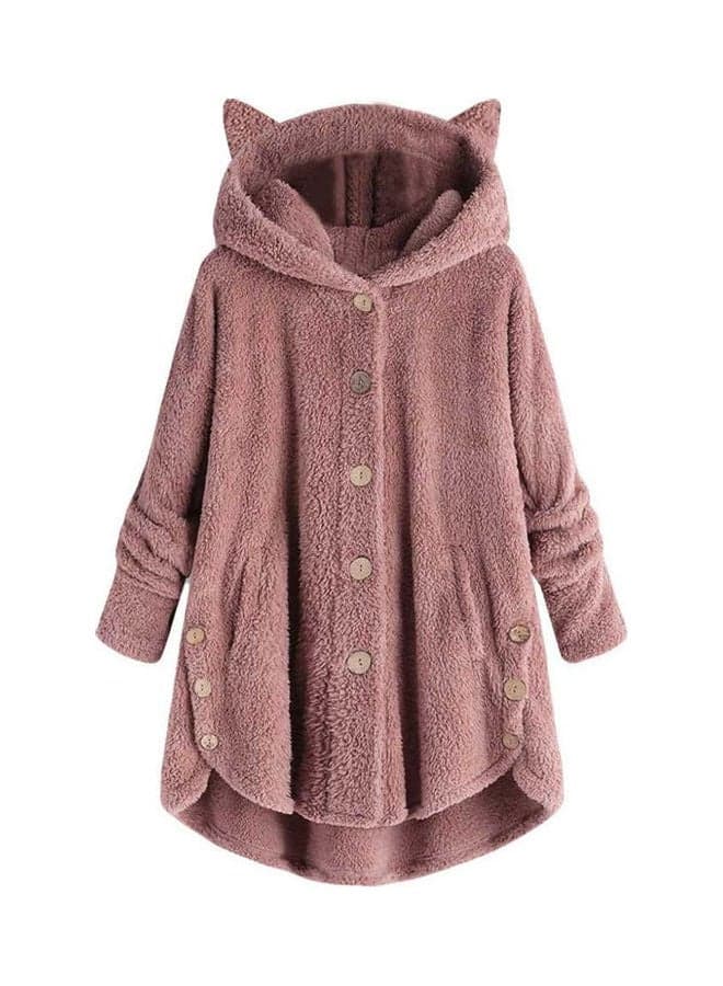 Winter Fleece Cat Ears Hooded Coat Buttons Jacket Pink