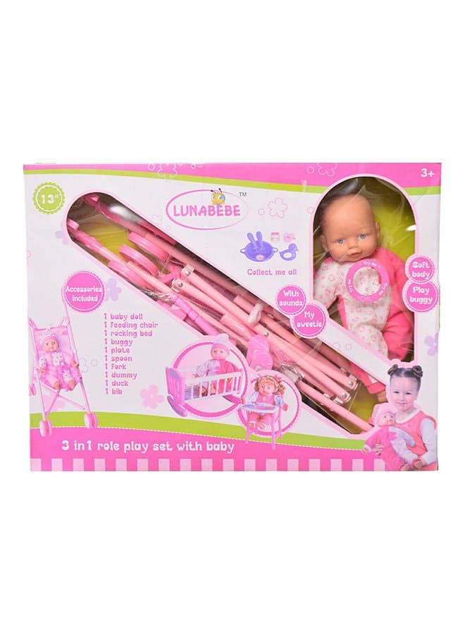 3 In 1 Baby Doll with Accessories Set
