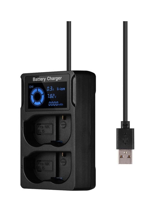 Portable Dual Slot USB Camera Battery Charger with LCD Display For Nikon EN-EL15 Batteries For Nikon D7200/D7500/D500/D600/D750 Camera Black