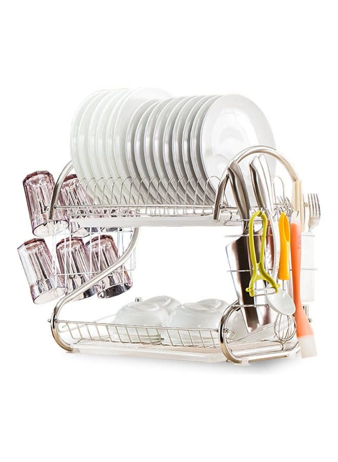 2-Tier Dish Drying Rack With Removable Drain Board Silver/White 50x35x24cm