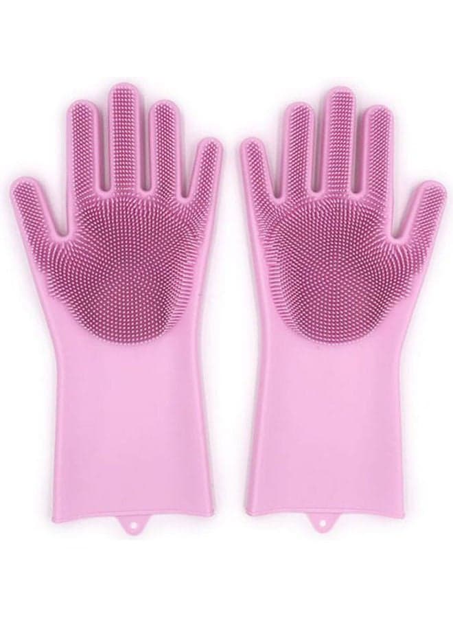 1 Pair Magic Silicone Rubber Dish Washing Gloves Eco-Friendly Scrubber Cleaning For Multipurpose Kitchen Bathroom Fucshia