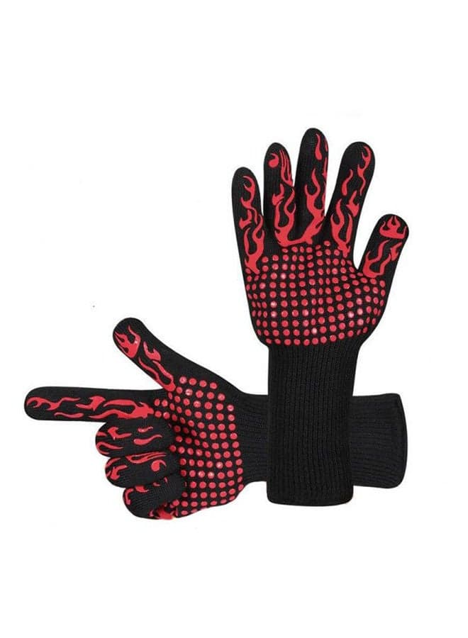 BBQ Cooking Gloves 1472F Heat Resistant Glove, EN407 CE Protective Oven Mitt Extreme Heat Resistant Grilling Glove for Baking, Heatproof Adiabatic Silicone Glove, 1 Pair Red/Black