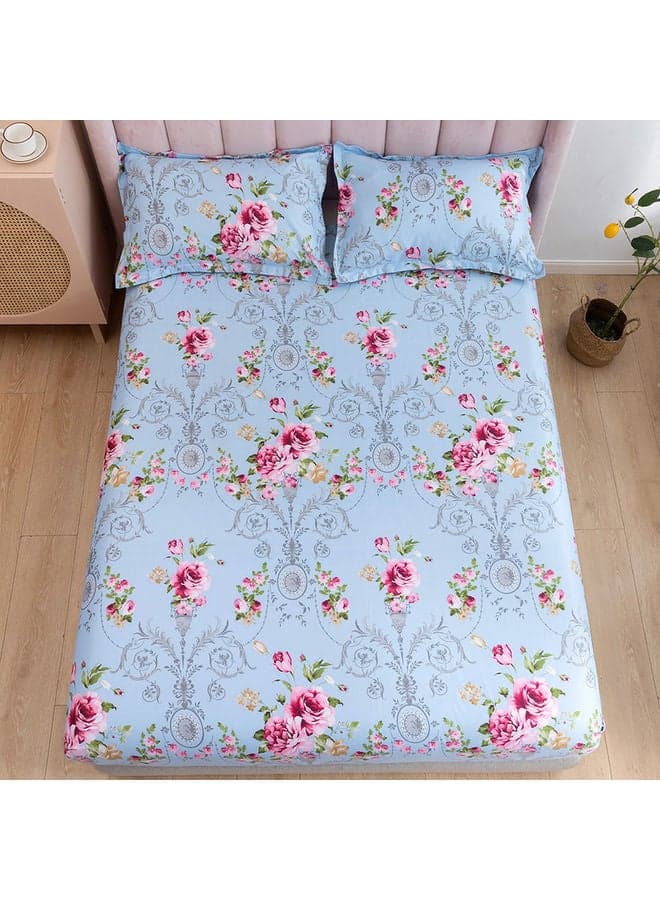 3-Piece Premium Collection Kef King Size Printed Bedsheet And Pillow Case Set Includes 1xFitted Bedsheet 200x200+30 cm, 2xPillow Cases Microfiber Multicolour 50x75cm