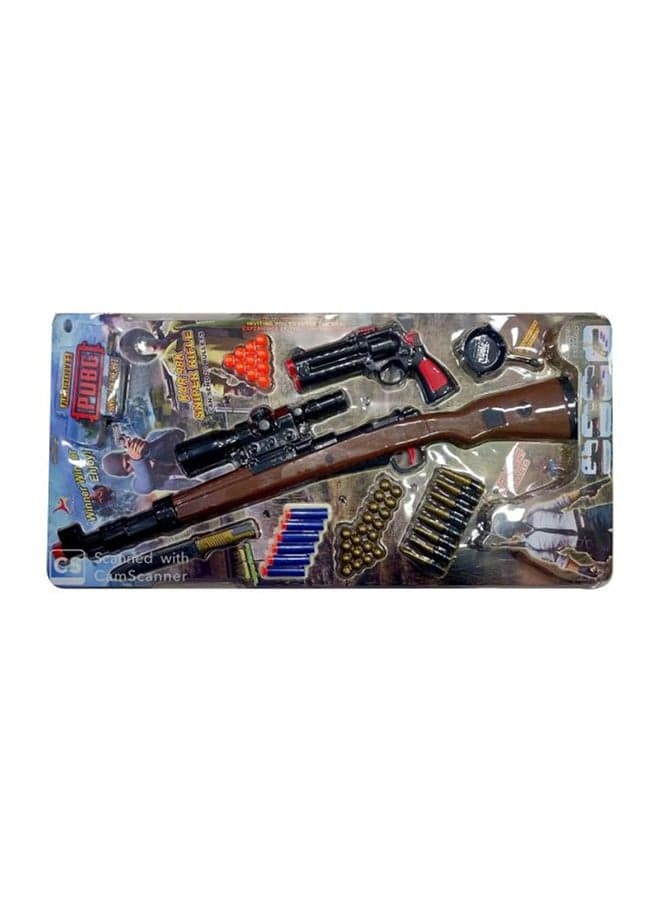 Pubg Game Theme Set Contains 1 Big Gun, 1 Small Gun, 1 Knife, 1 Pan, 8 Bullets, Gun Balls Yellow & Red