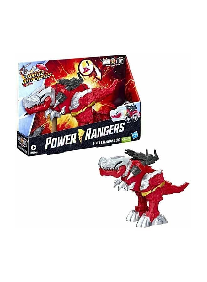 Power Rangers Battle Attackers Dino Fury T-Rex Champion Zord Electronic Action Figure Toy for Kids Ages 4 and Up with Lights and Sounds