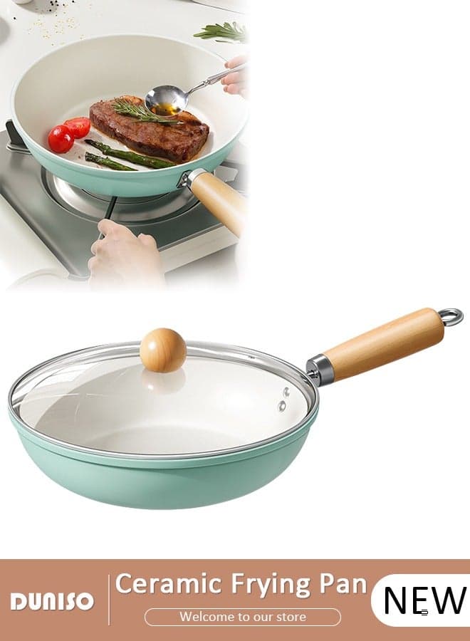 Ceramic Lightweight Frying Pan Skillet,24cm Healthy Non Toxic Non-Stick Pans with Heat-Resistant Hanging Handle and Thickened Glass Lid,Durable Wear and High Temperature Resistance Washable Omelette Pan Compatible with All Stovetops,Ideal Frying, Cooking, Sauteing